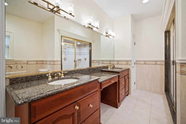 14 Waterfront Way, Hammonton, NJ 08037 - full bathroom featuring tile patterned flooring, a shower stall, tile walls, double vanity, and a chandelier