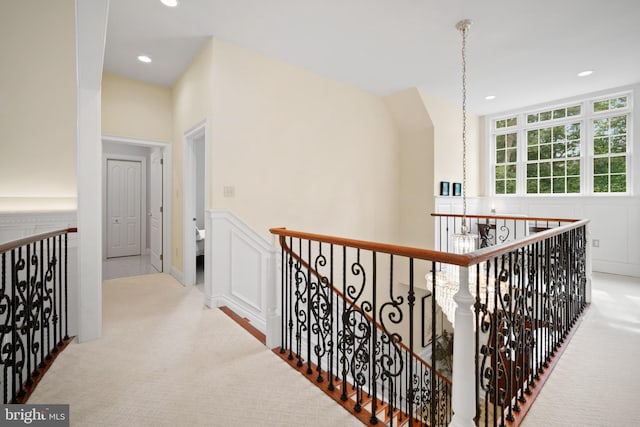 14 Waterfront Way, Hammonton, NJ 08037 - hallway featuring carpet, an upstairs landing, recessed lighting, and a wainscoted wall