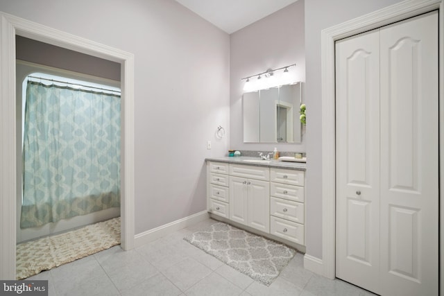 14 Waterfront Way, Hammonton, NJ 08037 - bathroom with vanity, baseboards, a shower with shower curtain, and tile patterned flooring