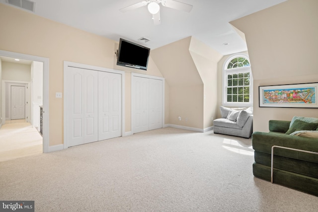 14 Waterfront Way, Hammonton, NJ 08037 - living area with ceiling fan, carpet flooring, vaulted ceiling, and baseboards