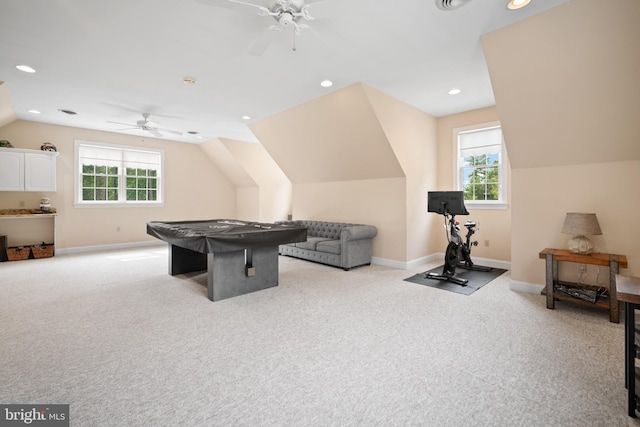 14 Waterfront Way, Hammonton, NJ 08037 - playroom featuring ceiling fan, lofted ceiling, light colored carpet, baseboards, and recessed lighting