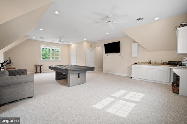 14 Waterfront Way, Hammonton, NJ 08037 - playroom featuring a ceiling fan, light colored carpet, baseboards, recessed lighting, and lofted ceiling