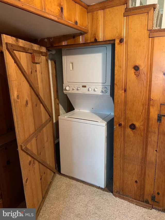 3918 Dudley Ave, Baltimore, MD 21213 - laundry area featuring estacked washer and dryer and carpet flooring