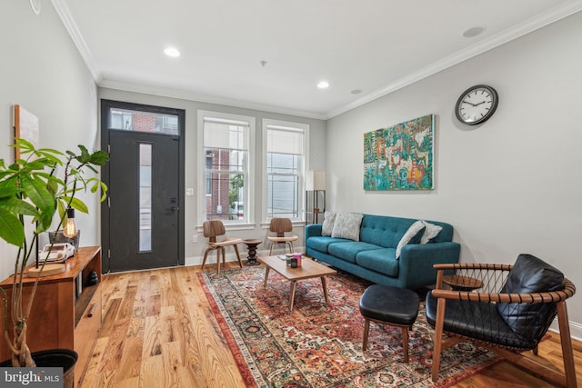 1444 N Myrtlewood St, Philadelphia, PA 19121 - living room featuring crown molding, light wood-style floors, baseboards, and recessed lighting