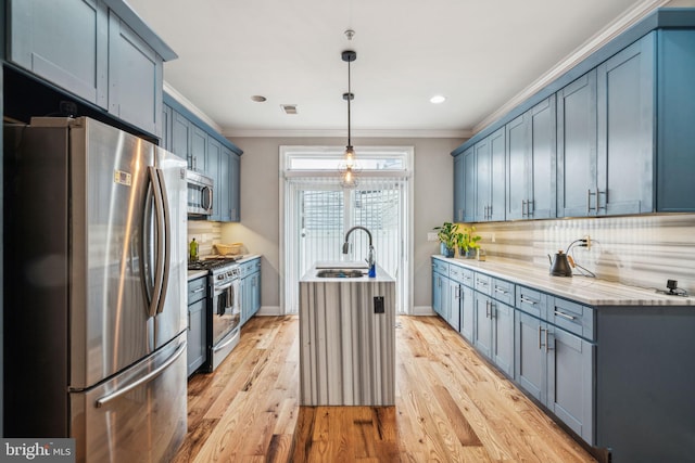1444 N Myrtlewood St, Philadelphia, PA 19121 - kitchen with appliances with stainless steel finishes, a sink, crown molding, light wood-style flooring, and decorative backsplash
