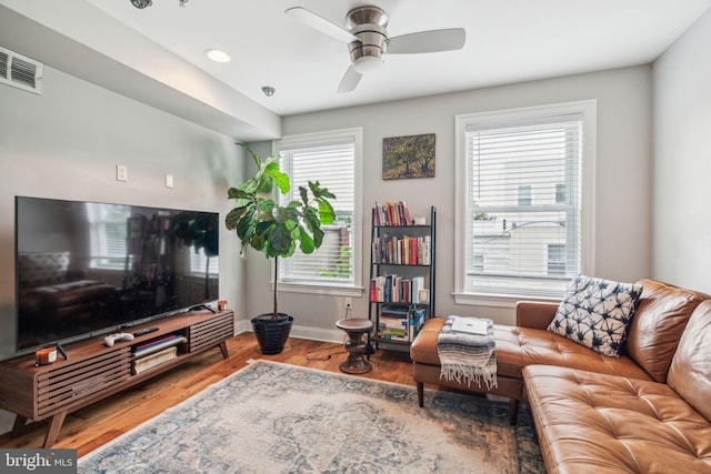1444 N Myrtlewood St, Philadelphia, PA 19121 - living room with a ceiling fan, baseboards, wood finished floors, and recessed lighting