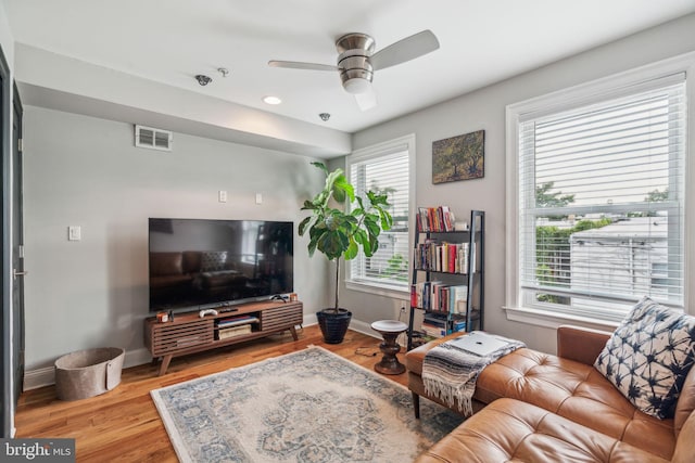 1444 N Myrtlewood St, Philadelphia, PA 19121 - living area with a ceiling fan, wood finished floors, baseboards, and recessed lighting