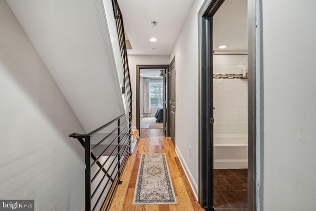 1444 N Myrtlewood St, Philadelphia, PA 19121 - hall with an upstairs landing, light wood-style flooring, baseboards, and recessed lighting