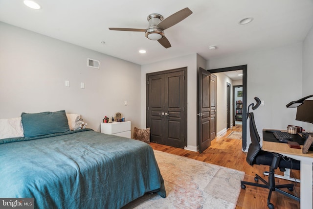 1444 N Myrtlewood St, Philadelphia, PA 19121 - bedroom with recessed lighting, a desk, light wood finished floors, baseboards, and ceiling fan