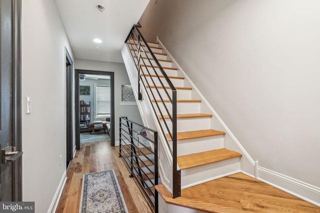 1444 N Myrtlewood St, Philadelphia, PA 19121 - stairway featuring wood finished floors, baseboards, and recessed lighting