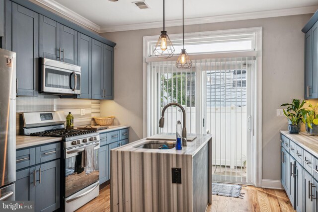 1444 N Myrtlewood St, Philadelphia, PA 19121 - kitchen featuring stainless steel appliances, a sink, light wood-type flooring, crown molding, and an island with sink