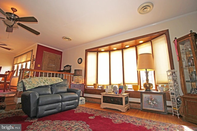 2732 Old Cedar Grove Rd, Broomall, PA 19008 - living room featuring a ceiling fan, wood finished floors, and crown molding