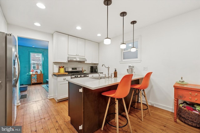 1620 E Berks St, Philadelphia, PA 19125 - kitchen with appliances with stainless steel finishes, a sink, under cabinet range hood, a kitchen breakfast bar, and light wood finished floors