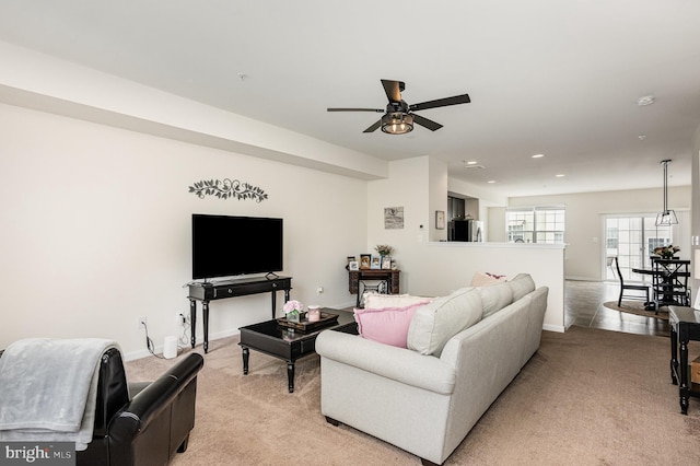 418 Charlestown Crossing Blvd, North East, MD 21901 - living area with light carpet, a ceiling fan, and recessed lighting