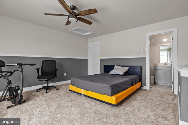 108 Annapolis St, Bensalem, PA 19020 - carpeted bedroom featuring attic access, a sink, baseboards, ensuite bath, and a ceiling fan