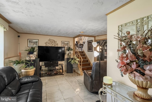 2603 Manall Ave, Pennsauken, NJ 08109 - living room featuring stairs, a textured ceiling, and ornamental molding