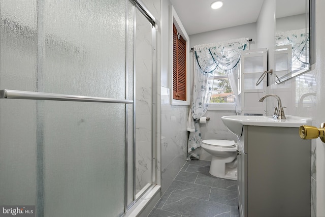 2603 Manall Ave, Pennsauken, NJ 08109 - bathroom featuring vanity, a shower stall, marble finish floors, and recessed lighting