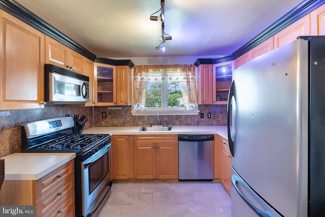 2603 Manall Ave, Pennsauken, NJ 08109 - kitchen featuring appliances with stainless steel finishes, light countertops, backsplash, and glass insert cabinets