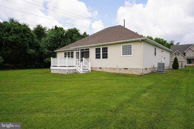 5991 Bell Creek Dr, Salisbury, MD 21801 - rear view of house with crawl space, central AC unit, a deck, and a yard