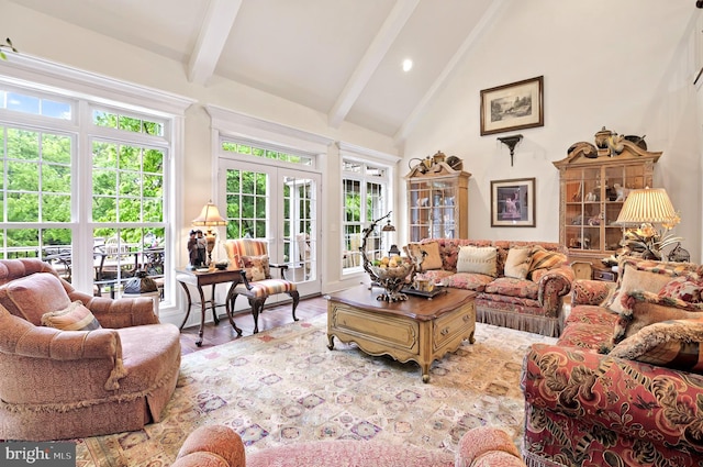 1780 Eliza Way, Mechanicsburg, PA 17050 - living room with beamed ceiling, french doors, healthy amount of natural light, wood finished floors, and high vaulted ceiling