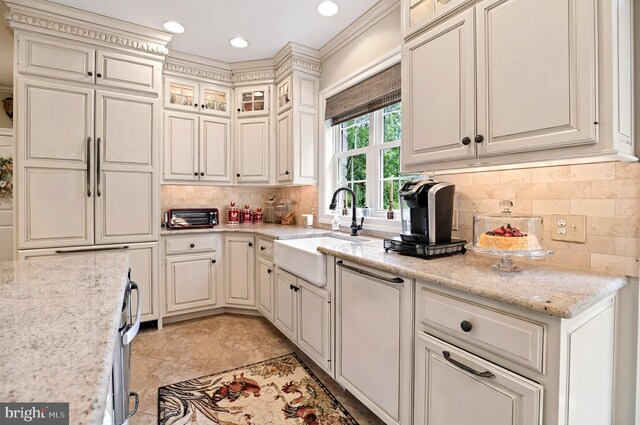 1780 Eliza Way, Mechanicsburg, PA 17050 - kitchen with a sink, backsplash, light stone counters, glass insert cabinets, and recessed lighting