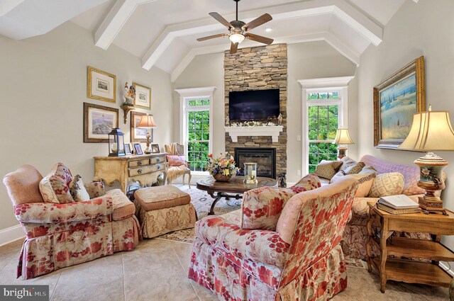 1780 Eliza Way, Mechanicsburg, PA 17050 - living area featuring ceiling fan, a fireplace, light tile patterned floors, and baseboards