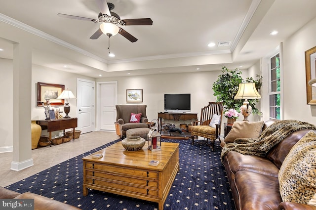 1780 Eliza Way, Mechanicsburg, PA 17050 - living room featuring crown molding, a raised ceiling, recessed lighting, ceiling fan, and tile patterned floors