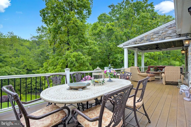 1780 Eliza Way, Mechanicsburg, PA 17050 - deck with a ceiling fan, outdoor dining area, and a wooded view