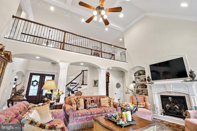 1780 Eliza Way, Mechanicsburg, PA 17050 - living area with high vaulted ceiling, a ceiling fan, arched walkways, a high end fireplace, and recessed lighting