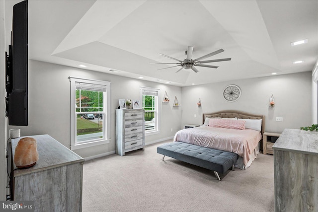 308 Walnut Dr, Fredericksburg, VA 22405 - bedroom with a raised ceiling, light carpet, recessed lighting, baseboards, and ceiling fan