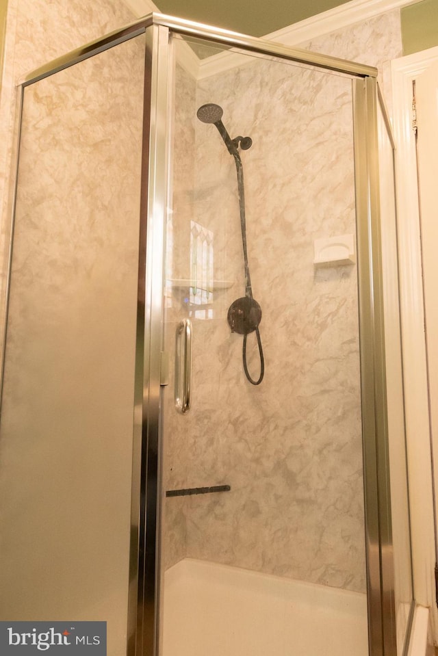 21 E 3rd St, Boyertown, PA 19512 - bathroom featuring a stall shower and ornamental molding