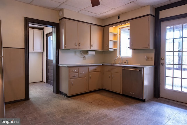 21 E 3rd St, Boyertown, PA 19512 - kitchen with dishwasher, a paneled ceiling, a sink, open shelves, and ceiling fan