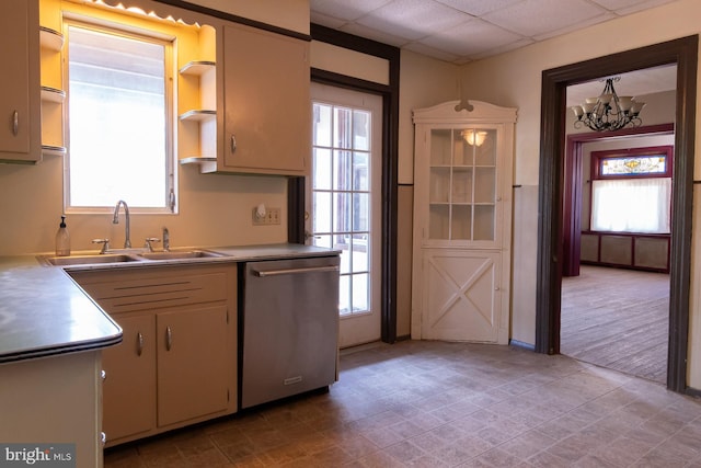 21 E 3rd St, Boyertown, PA 19512 - kitchen with stainless steel dishwasher, a sink, a chandelier, open shelves, and a drop ceiling