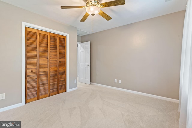 140 Hoile Ln, Huntingtown, MD 20639 - unfurnished bedroom featuring a closet, carpet floors, baseboards, and a ceiling fan
