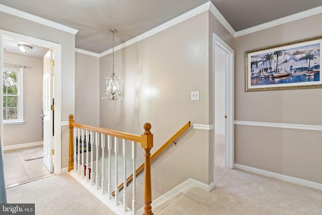 140 Hoile Ln, Huntingtown, MD 20639 - staircase with carpet flooring, crown molding, a chandelier, and baseboards