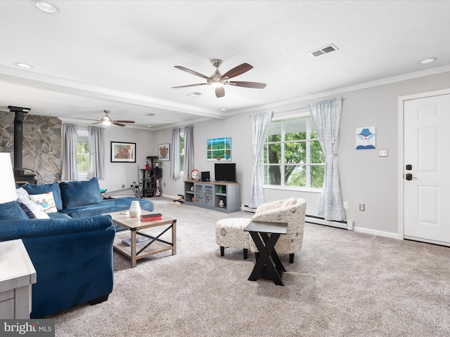 180 Oak Heights Rd, Front Royal, VA 22630 - carpeted living area with a wood stove, crown molding, ceiling fan, plenty of natural light, and a baseboard heating unit