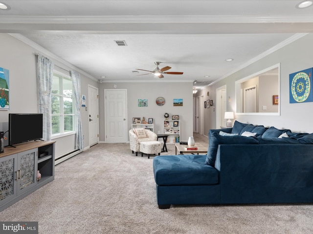 180 Oak Heights Rd, Front Royal, VA 22630 - carpeted living room featuring a baseboard radiator, a ceiling fan, ornamental molding, recessed lighting, and baseboards