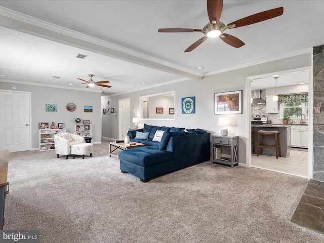 180 Oak Heights Rd, Front Royal, VA 22630 - living room with a ceiling fan, ornamental molding, light carpet, recessed lighting, and baseboards