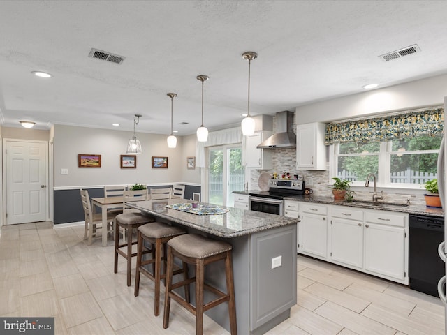 180 Oak Heights Rd, Front Royal, VA 22630 - kitchen featuring wall chimney exhaust hood, electric range, a sink, dishwasher, and white cabinets