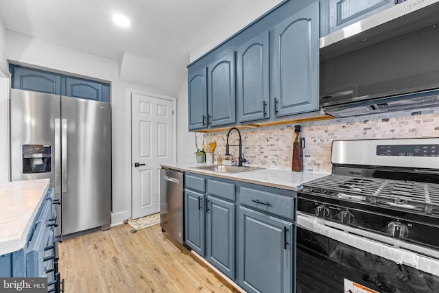 2134 Firethorn Rd, Middle River, MD 21220 - kitchen featuring appliances with stainless steel finishes, blue cabinets, light countertops, backsplash, and light wood-type flooring