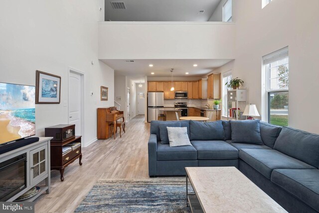 35031 Dundee St Unit 6, Frankford, DE 19945 - living area featuring a high ceiling, light wood finished floors, baseboards, and recessed lighting