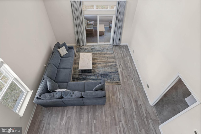 35031 Dundee St Unit 6, Frankford, DE 19945 - living area with a towering ceiling, wood finished floors, and baseboards