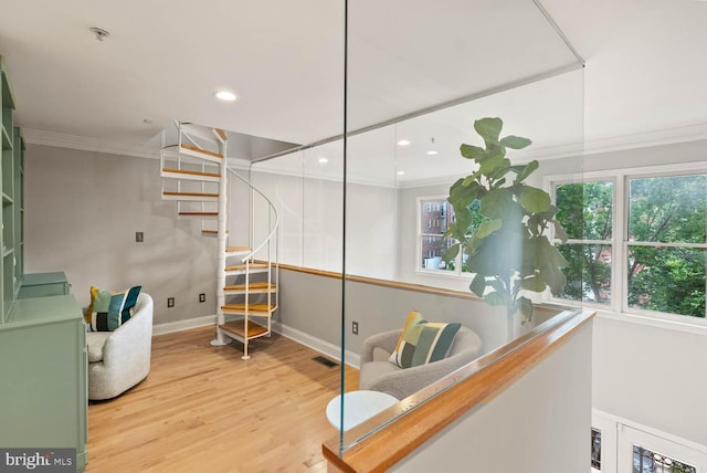 1406 Corcoran St NW Unit D, Washington, DC 20009 - staircase with wood finished floors, ornamental molding, and recessed lighting