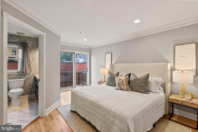 1406 Corcoran St NW Unit D, Washington, DC 20009 - bedroom with access to outside, wood finished floors, ensuite bathroom, crown molding, and recessed lighting