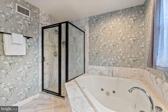 1406 Corcoran St NW Unit D, Washington, DC 20009 - bathroom featuring a stall shower, a tub with jets, wallpapered walls, and marble finish floors