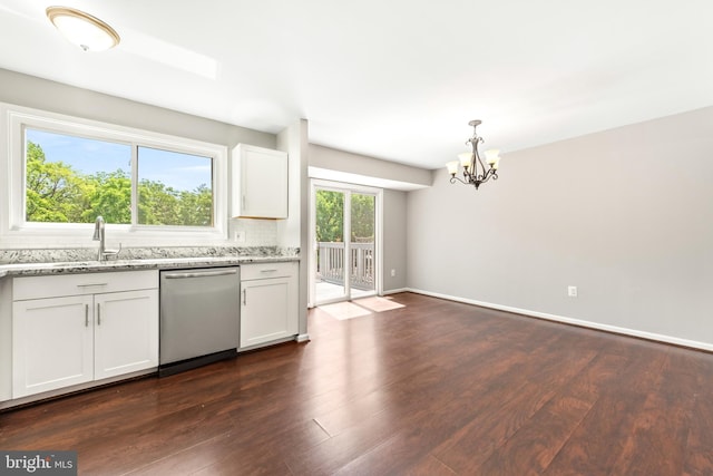 10779 Primrose Ct, Manassas, VA 20109 - kitchen featuring dishwasher, a sink, dark wood-style floors, light stone countertops, and a chandelier