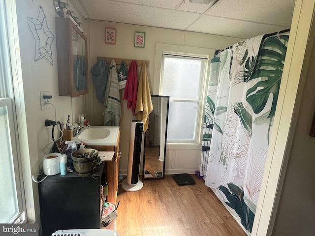 619-621 Riverside Dr, Lewistown, PA 17044 - bathroom featuring wood finished floors, a drop ceiling, vanity, and a shower with shower curtain