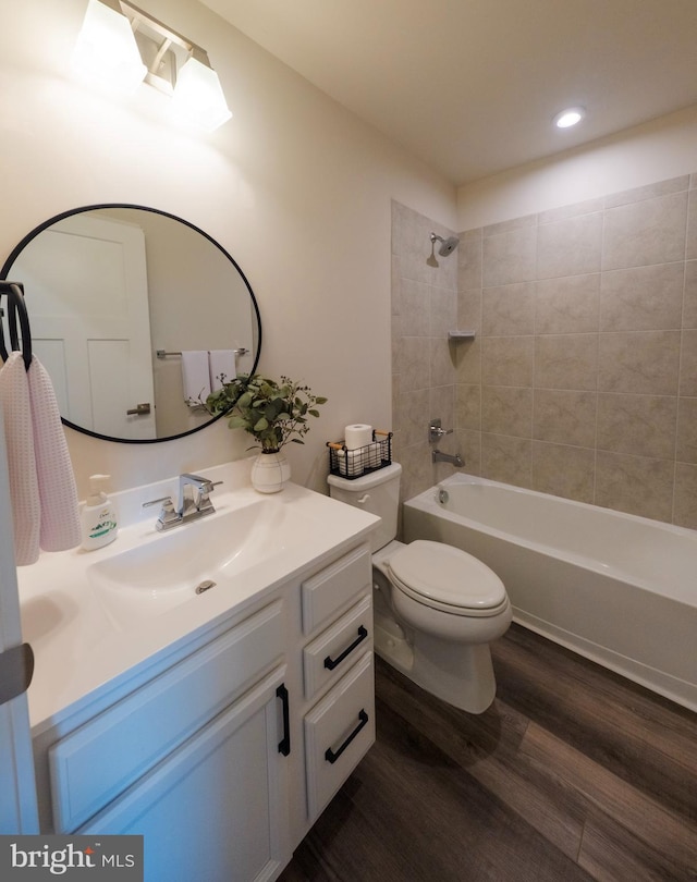 159 Nathan Dr, Cinnaminson, NJ 08077 - bathroom with vanity, wood finished floors, tub / shower combination, and recessed lighting