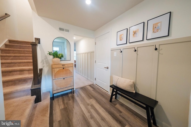 159 Nathan Dr, Cinnaminson, NJ 08077 - mudroom featuring wood finished floors, a decorative wall, a wainscoted wall, and recessed lighting