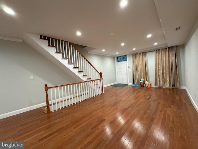 916 Snyder Ave, Philadelphia, PA 19148 - entryway with baseboards, wood-type flooring, recessed lighting, stairs, and crown molding